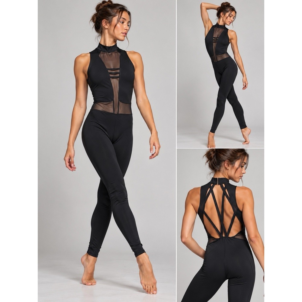 Weissman Dance Leotard One Piece Pants Tank Padded Sheer Black Women's Medium